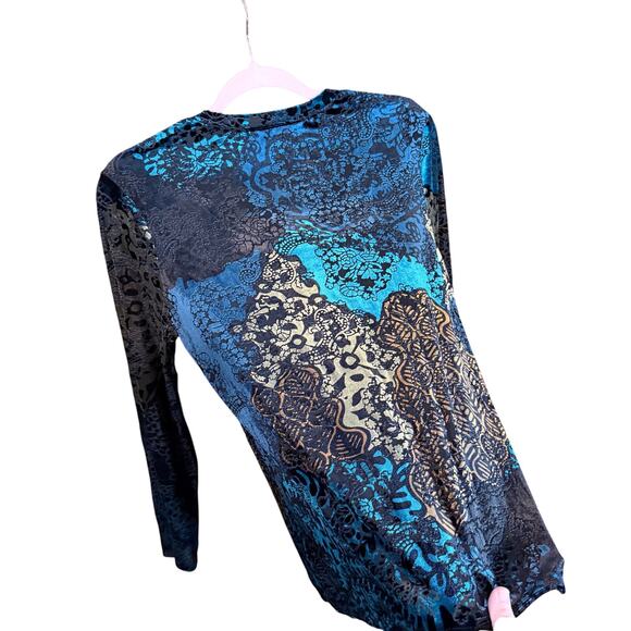 Chico’s Burnout Velvet Floral Top Size 1 M Teal Black Long Sleeve phoebe buffet - Picture 5 of 8